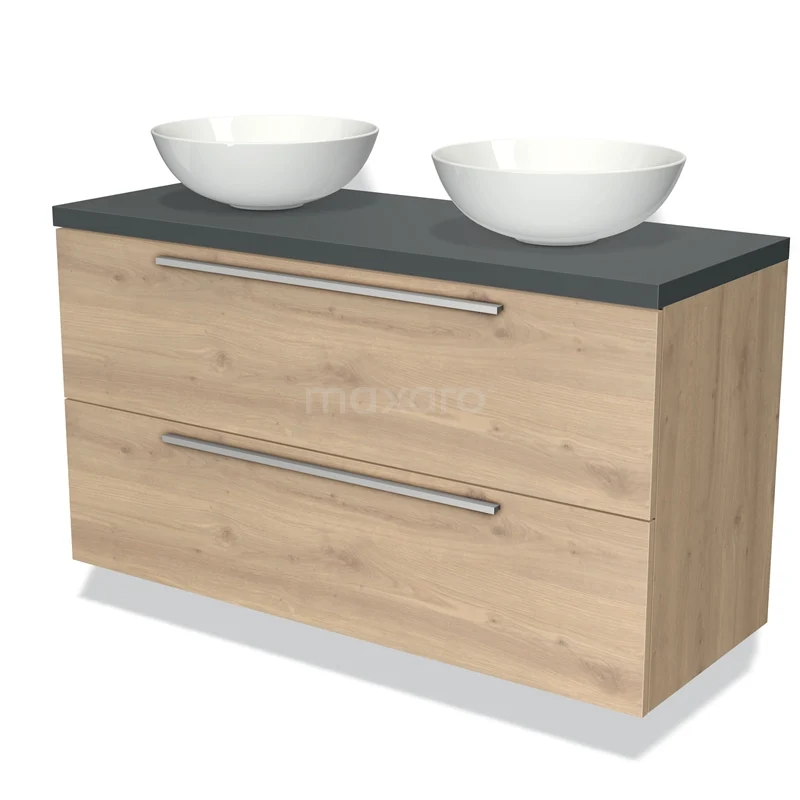 Houten badkamermeubel met twee witte waskommen, grijs blad en RVS handgrepen, ideaal voor een moderne badkamerstijl.