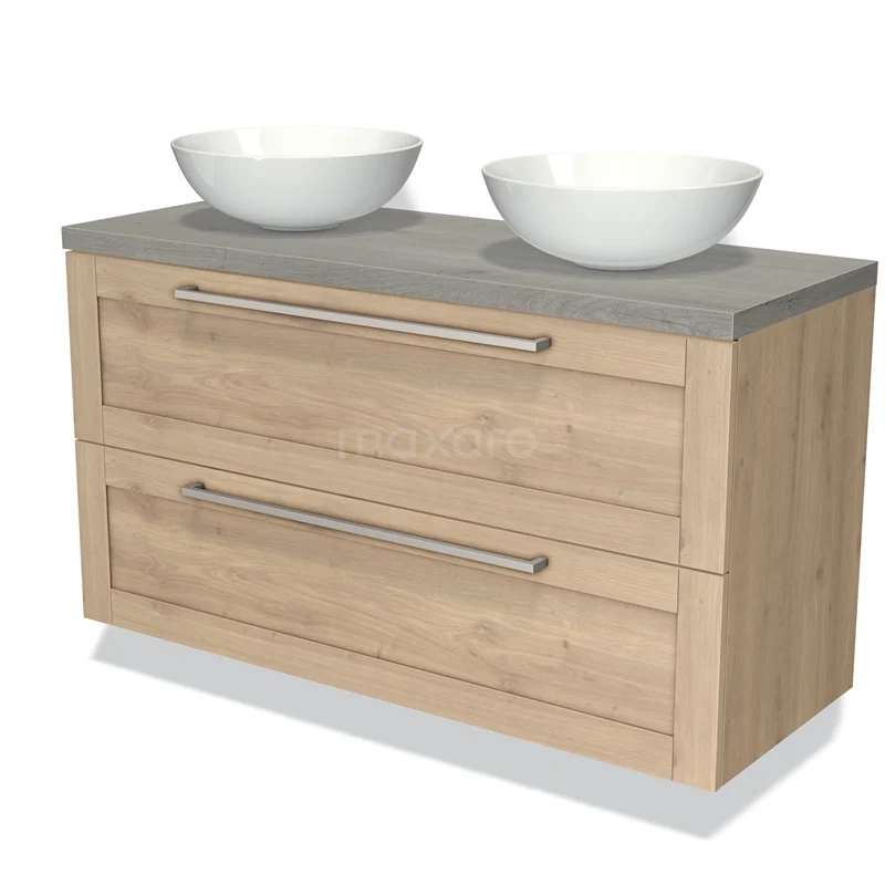 Badmöbel für Aufsatzwaschbecken 120cm Modulo Plato Hellbraune Eiche 2 Schubladen Rahmen Graue Eiche Platte BMK17-01384 Holz-Badmöbel mit zwei keramischen Aufsatzwaschbecken, Schubladen mit Stangengriff und Betongrau Platte, modernes und rustikales Design.