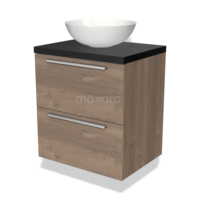 Houten badkamermeubel met zwarte top, witte waskom en twee lades, modern design voor een strak georganiseerde badkamer.