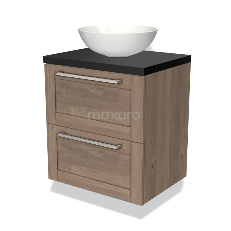 Houten badkamerkast met twee lades, zwart blad en moderne witte komvormige wastafel, ideaal voor stijlvolle badkamers.