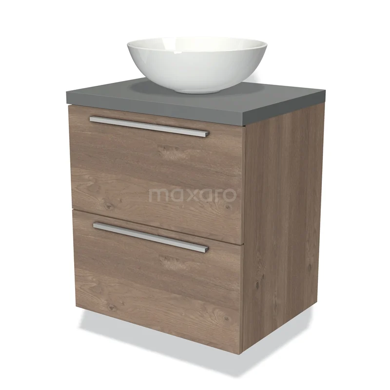 Houten badkamermeubel met twee lades, grijs blad en een witte waskom, modern design en strakke metalen handgrepen.