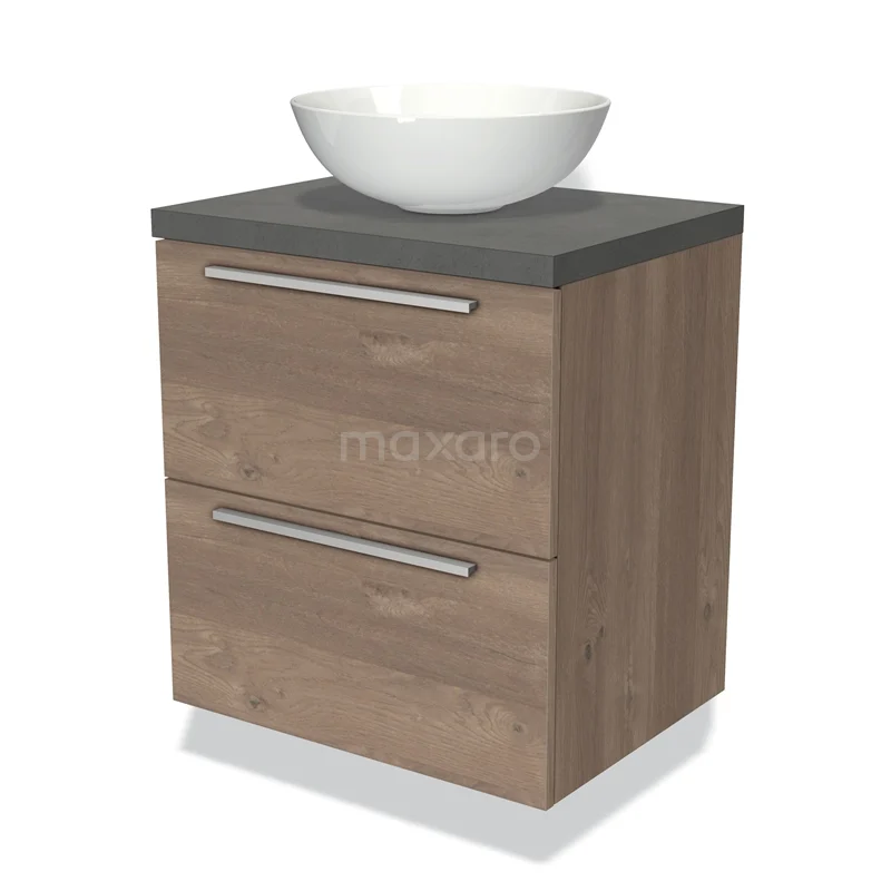 Houten badkamermeubel met twee lades, donkergrijs blad en witte keramische waskom; compact ontwerp voor moderne badkamers.
