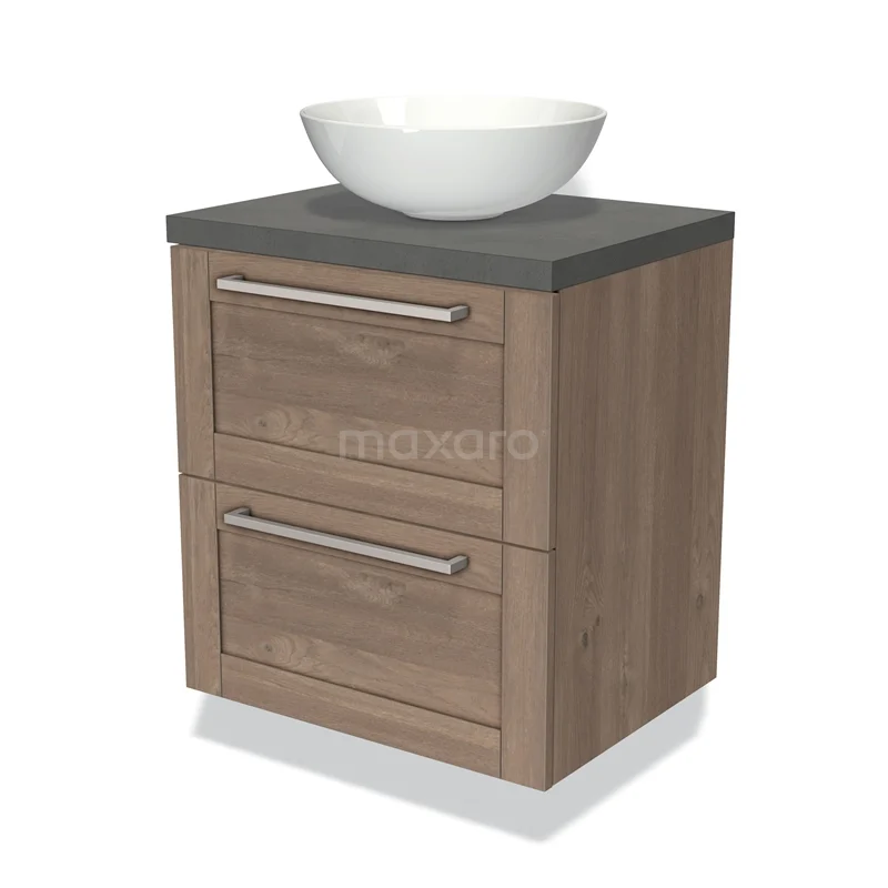 Modern badkamermeubel met houtlook, grijze wastafelblad en witte waskom. Perfect voor een stijlvolle en praktische badkamer.