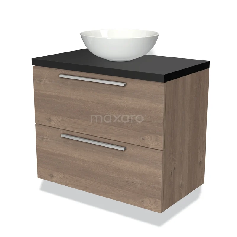 Houten badkamermeubel met zwart blad en opzetwastafel, 2 lades met metalen grepen, moderne uitstraling.