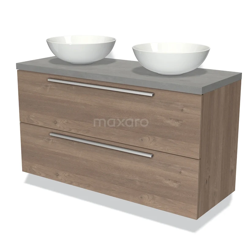 Houten badkamermeubel met dubbele wastafel, grijze bovenplaat en moderne ladegrepen, ideaal voor ruime badkamers.