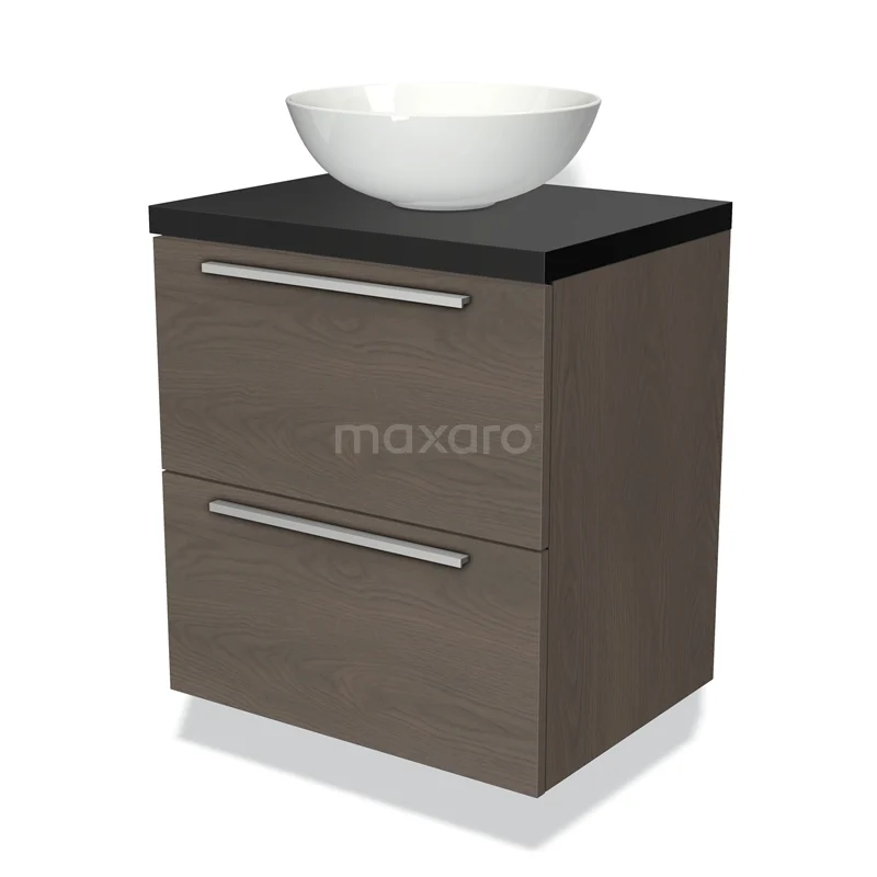 Badmöbel für Waschtischunterschrank mit Konsole 60cm Modulo Plato dunkelbraune Eiche 2 Schubladen Flach Matt Schwarz Platte BMK17-01493 Holz-Badschrank mit schwarzer Platte und weißem Aufsatzwaschbecken, modernes Design mit zwei Schubladen und verchromten Haltegriffen.