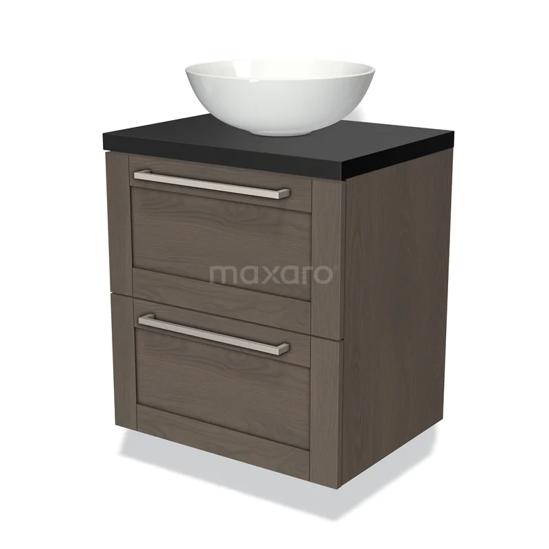 Badmöbel für Waschtischunterschrank mit Konsole 60cm Modulo Plato dunkelbraune Eiche 2 Schubladen Rahmen Matt Schwarz Platte BMK17-01494 Braune Badmöbelset mit zwei Schubladen, schwarzer Platte und weißem Waschbecken; modernes Design für ein stilvolles Badezimmer.