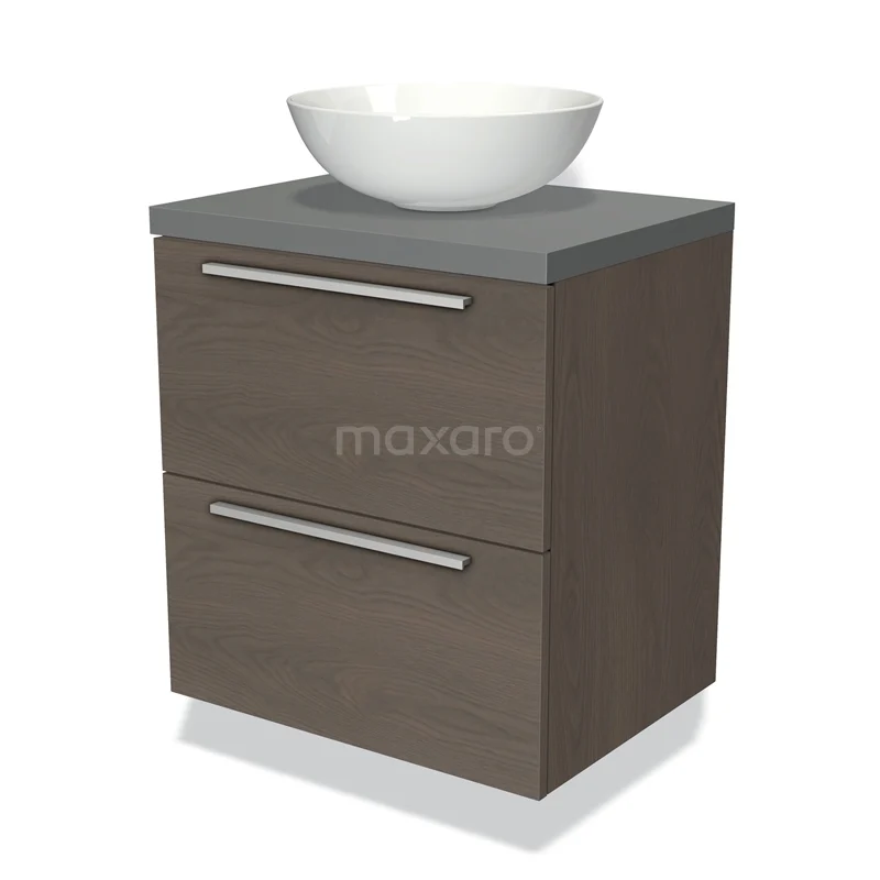 Badmöbel für Waschtischunterschrank mit Konsole 60cm Modulo Plato dunkelbraune Eiche 2 Schubladen Flach Mittelgrau Platte BMK17-01495 Modern hängendes Badezimmermöbel mit Holzoptik, zwei Schubladen und weißem keramischen Aufsatzwaschbecken. Perfekt für ein stilvolles Badezimmer.