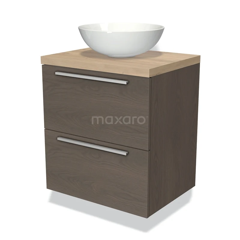 Badmöbel für Waschtischunterschrank mit Konsole 60cm Modulo Plato dunkelbraune Eiche 2 Schubladen Flach hellbraune Eiche Platte BMK17-01509 Holz-Badmöbel mit einem modernen Aufsatzwaschbecken, dunkelbraune Eiche-Furnier und glatten Schubladen mit silberfarbenen Haltegriffen.