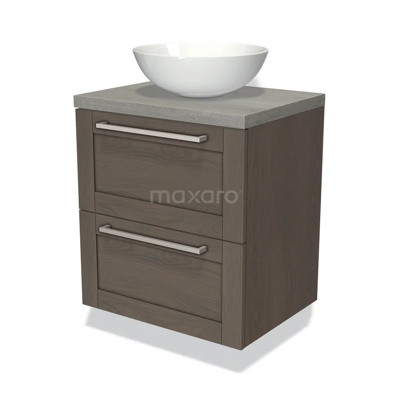 Houten badkamermeubel met wastafelkom, donkerbruin, twee lades met metalen grepen, modern ontwerp.