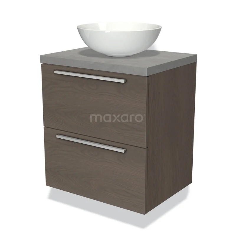 Badmöbel für Aufsatzwaschbecken 60cm Modulo Plato dunkelbraune Eiche 2 Schubladen Flach hellgrauer Beton Platte BMK17-01515 Holz Badezimmermöbel mit zwei Schubladen, Grau Platte und runder weißer Aufsatzwaschbecken, modernes Design.