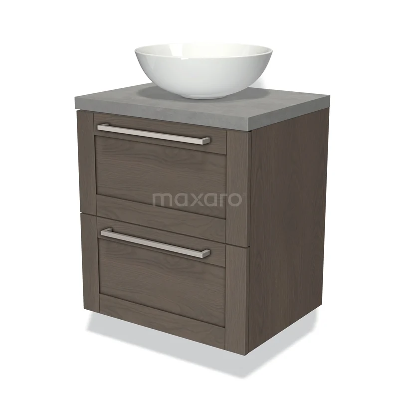 Compacte houten badkamermeubel met twee lades en een witte opzetwaskom, ideaal voor moderne badkamers.