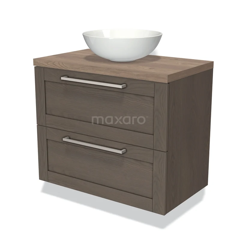 Houten badkamermeubel met matte afwerking, 2 lades en een stijlvolle witte waskom, ideaal voor een moderne badkamer.