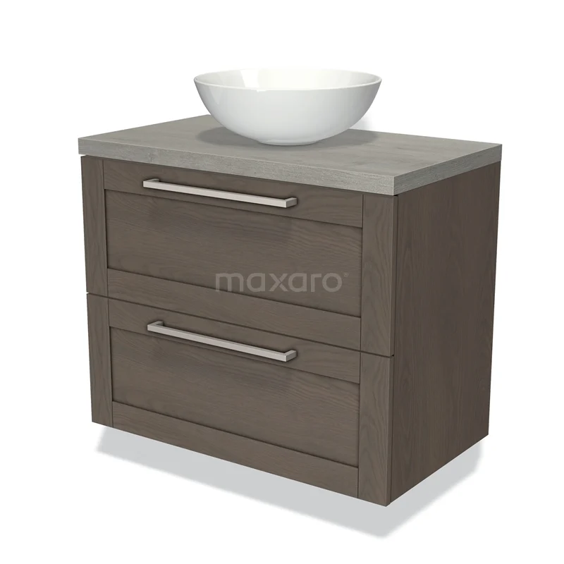Houten badkamermeubel met twee lades, grijze waskom en strakke handgrepen, ideaal voor een moderne badkamerstijl.
