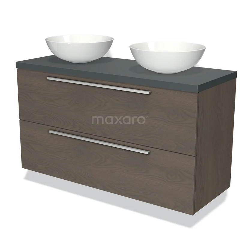 Bruine houten badkamermeubel met grijs blad en dubbele witte opzetwastafels; stijlvol design voor moderne badkamers.