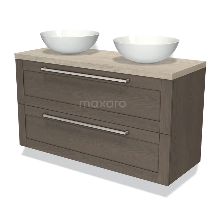 Badkamermeubel houtlook met dubbele wastafel, modern design en ruime lades voor praktische opbergruimte.