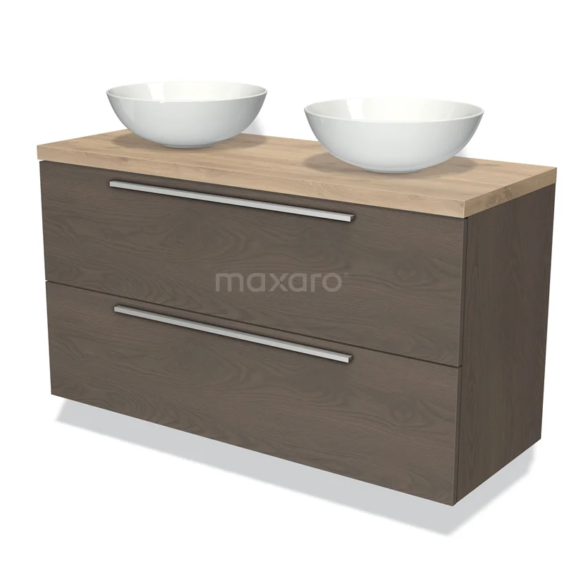 Houten badkamermeubel met dubbele wastafel, modern design, grijze lades en chromen handgrepen voor een stijlvolle badkamer.