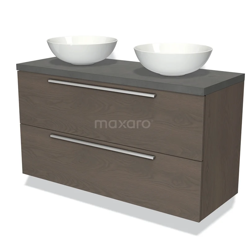Badmöbel für Aufsatzwaschbecken 120cm Modulo Plato Dunkelbraune Eiche 2 Schubladen Flach Dunkelgrauer Beton Platte BMK17-01595 Holz-Badmöbel mit doppelten weißen Waschbecken, grauer Platte und zwei Schubladen, moderner Stil für ein stilvolles Badezimmer.