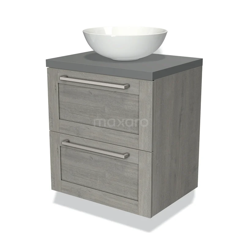 Badmöbel für Aufsatzwaschbecken 60cm Modulo Plato Grau Eiche 2 Schubladen Rahmen Mittelgrau Platte BMK17-01600 Graues Holz-Waschtisch mit zwei Schubladen und einem runden weißen Keramik-Aufsatzwaschbecken, ideal für einen modernen Badezimmerstil.