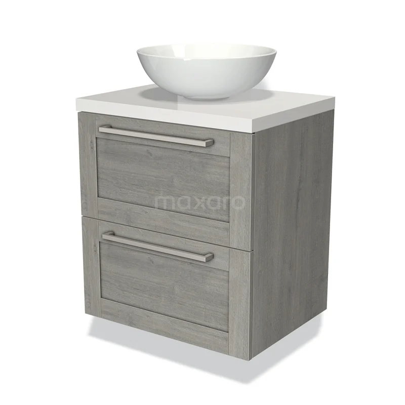 Badmöbel für Waschtischunterschrank mit Konsole 60cm Modulo Plato Graue Eiche 2 Schubladen Rahmen Hochglanz Weiß Platte BMK17-01602 Graue Eichen Badezimmermöbel mit weißem Aufsatzwaschbecken, zwei Schubladen und schickem Design. Perfekt für moderne Bäder.