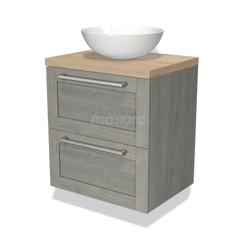 Grijze houten badkamermeubel met blad van licht eiken en witte ronde wastafel, ideaal voor moderne badkamerinrichting.
