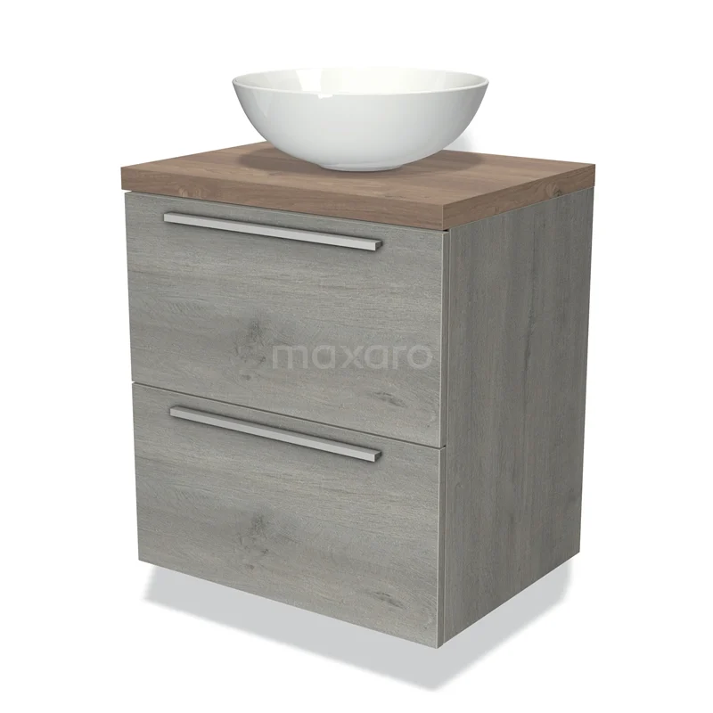 Badkamermeubel met wastafel, grijs houtlook, twee lades, modern design, ideaal voor een stijlvolle en praktische badkamer.