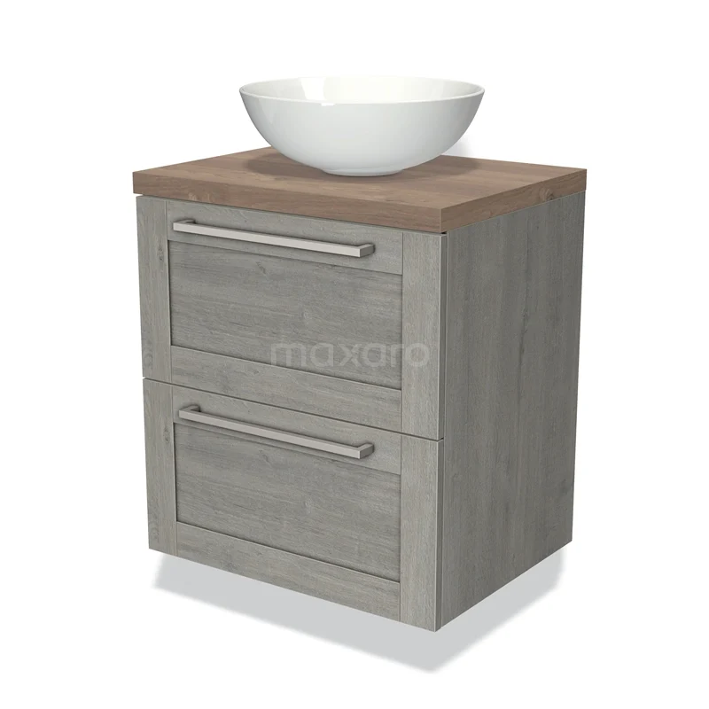 Houten badkamermeubel met grijze lades, houten blad en witte keramische waskom, modern design voor stijlvolle badkamers.