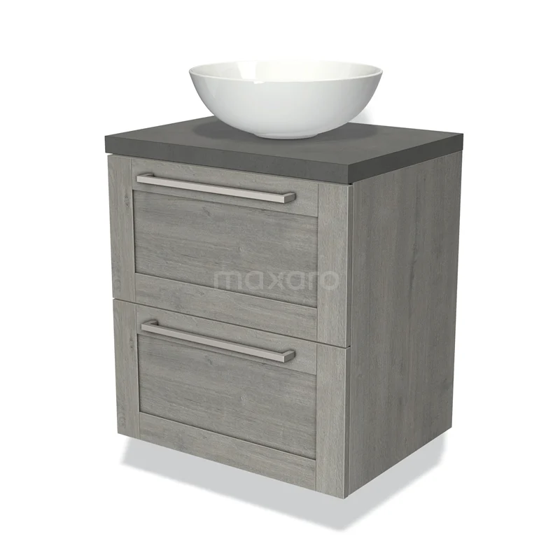 Grijze houten badkamerkast met twee lades, zwarte bovenplaat en ronde witte wastafel; compact en modern design.