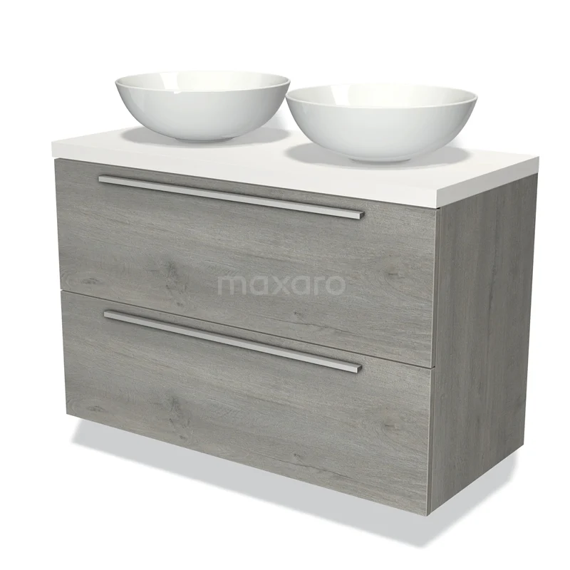 Badmöbel für Waschtischunterschrank mit Konsole 100cm Modulo Plato Graue Eiche 2 Schubladen Flach Matt Weiß Platte BMK17-01655 Graues Holz Badezimmermöbel mit zwei weißen Aufsatzwaschbecken, schlichtes Design und Edelstahl-Haltegriffen, ideal für moderne Bäder.