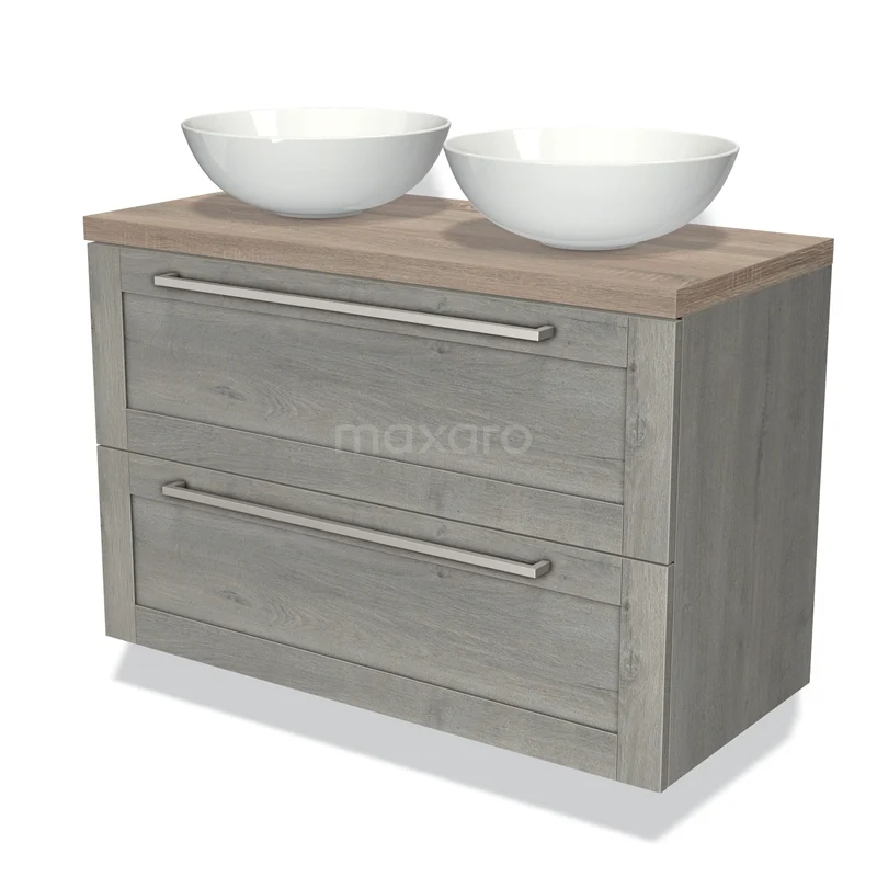 Badmöbel für Aufsatzwaschbecken 100cm Modulo Plato Grau Eiche 2 Schubladen Rahmen Eiche Platte BMK17-01662 Badezimmermöbel Holzoptik mit zwei weißen Aufsatzwaschbecken und metallischen Haltegriffen, ideal für moderne Badezimmer Einrichtung.