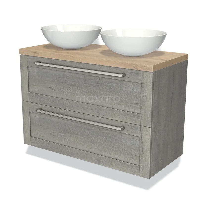 Grijze badkamermeubelset met houtlook, twee witte ronde wastafels en twee lades met metalen handgrepen.