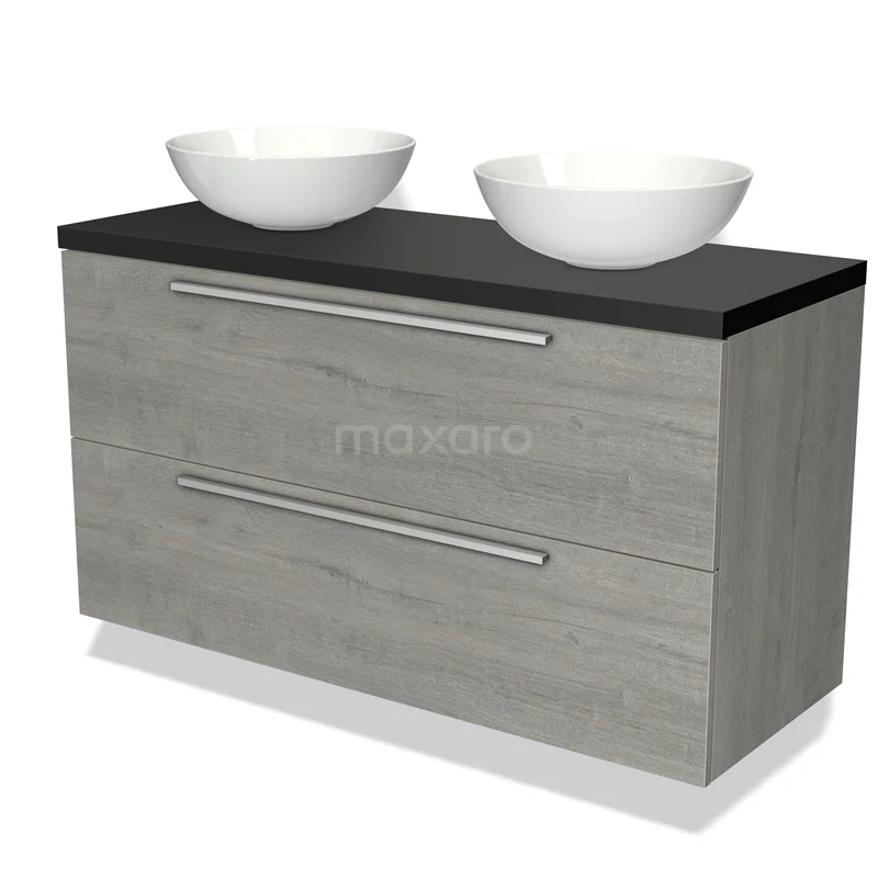 Badmöbel für Waschtischunterschrank mit Konsole 120cm Modulo Plato Graue Eiche 2 Schubladen Flach Matt Schwarz Platte BMK17-01675 Graues Holz-Badmöbel mit schwarzer Platte und zwei weißen Aufsatzwaschbecken, modernes Design, ideal für ein stilvolles Badezimmer.