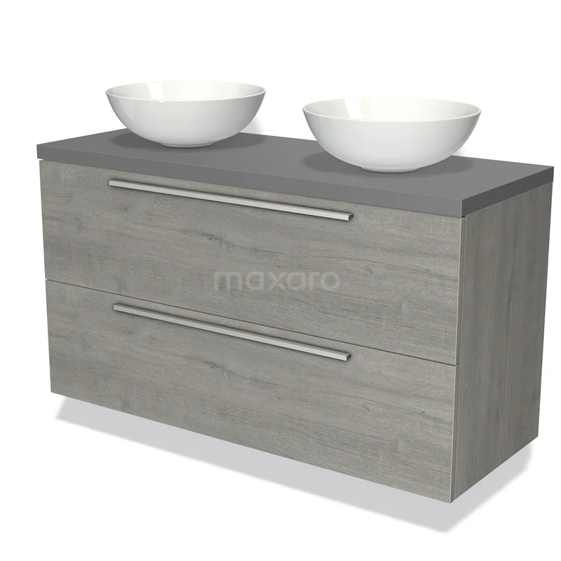 Badmöbel für Aufsatzwaschbecken 120cm Modulo Plato Grau Eiche 2 Schubladen Flach Mittelgrau Platte BMK17-01677 Graues Holz Badezimmermöbel mit zwei weißen Aufsatzwaschbecken und geräumigen Schubladen, ideal für eine moderne Badezimmer Einrichtung.