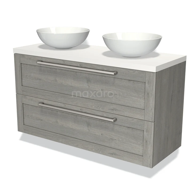 Modulo Plato Vanity units for countertop basin | 120 cm Grey oak Bordered front Matte white worktop 2 Stacked drawers BMK17-01682 Wooden bathroom unit Grey with double white countertop wash basins, modern design, wide drawers and tight handles.
