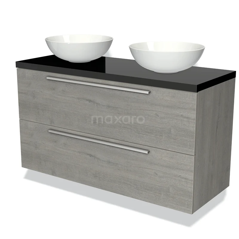 Grey bathroom furniture set with black top, double basins and drawers, modern wooden design.