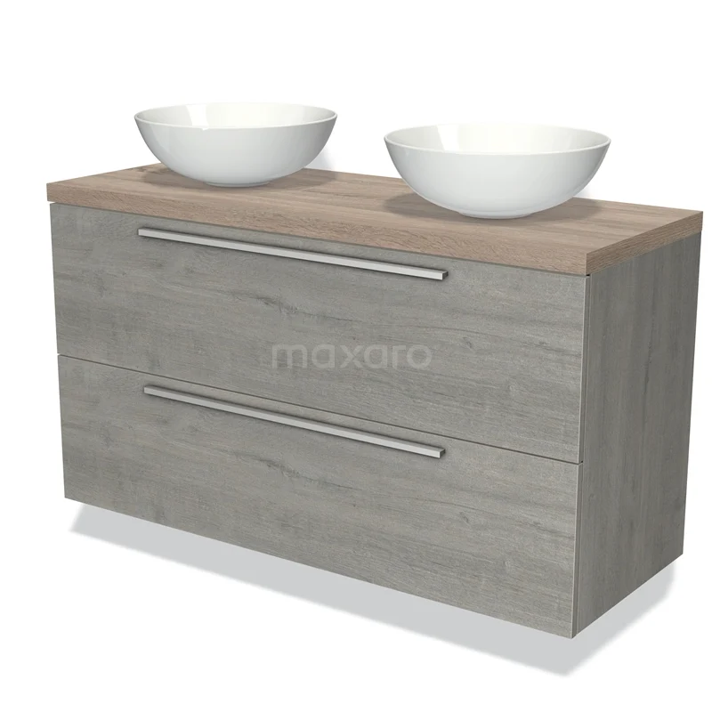 Grijs houten badkamermeubel met twee witte waskommen, modern design en geïntegreerde lades voor extra opbergruimte.