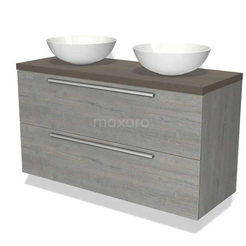 Badmöbel für Waschtischunterschrank mit Konsole 120cm Modulo Plato Graue Eiche 2 Schubladen Flach Dunkelbraune Eiche Platte BMK17-01695 Graues Holz-Badezimmermöbel mit doppeltem weißen Waschbecken, modernes Design und geräumigen Schubladen für ein organisiertes Badezimmer.