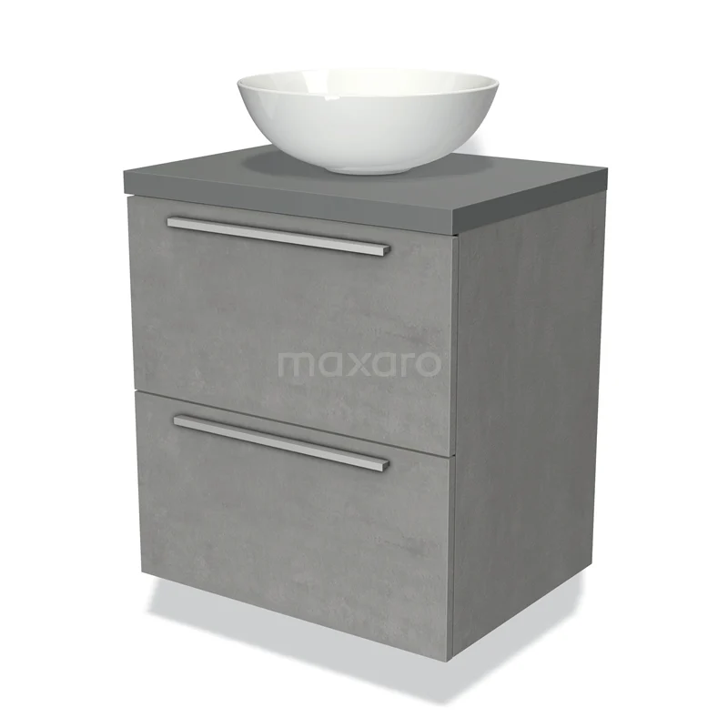 Badmöbel für Waschtischunterschrank mit Konsole 60cm Modulo Plato Hellgrauer Beton 2 Schubladen Flach Mittelgrau Platte BMK17-01702 Graue Badmöbelset mit mattem Betonlook, zwei Schubladen und einem weißen keramischen Aufsatzwaschbecken.