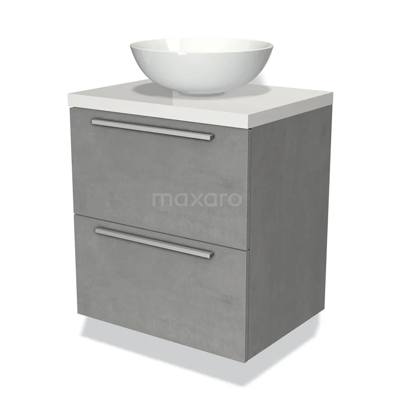 Grijs badkamermeubel met twee lades en witte wastafel; modern design, ideaal voor compacte badkamers.