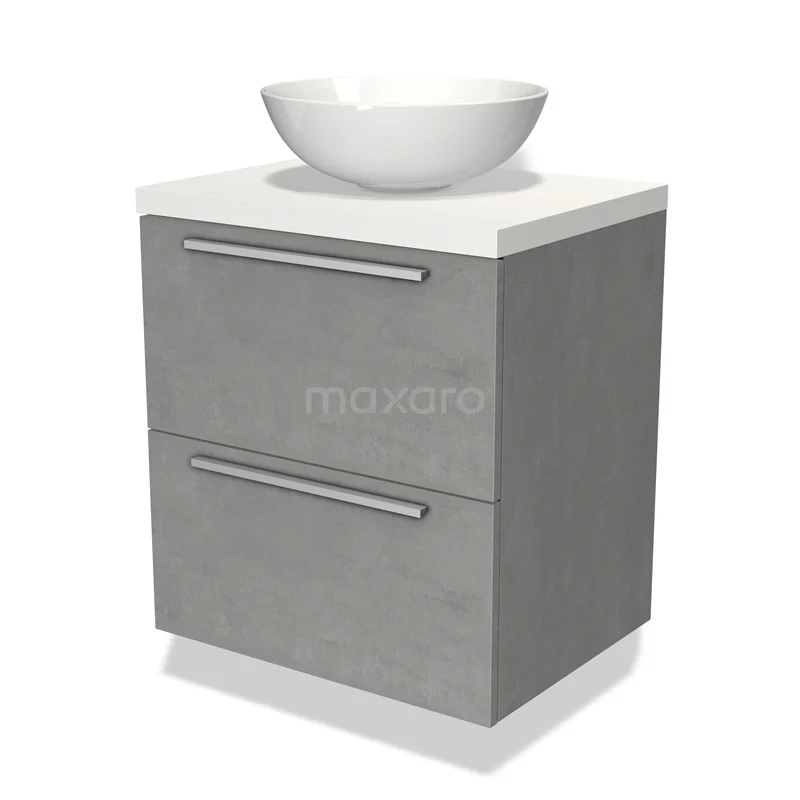 Badmöbel für Waschtischunterschrank mit Konsole 60cm Modulo Plato hellgrauer Beton 2 Schubladen Flach Matt Weiß Platte BMK17-01704 Graue Badmöbel mit Betonlook, zwei Schubladen und weißem runden Aufsatzwaschbecken, perfekt für ein stilvolles und modernes Badezimmer.
