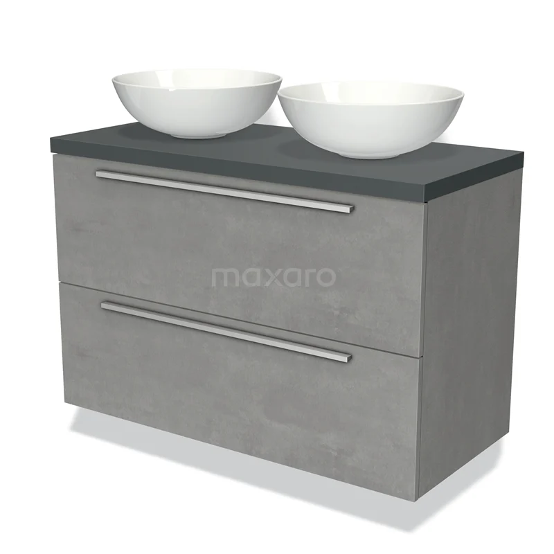 Badmöbel für Waschtischunterschrank mit Konsole 100cm Modulo Plato Hellgrauer Beton 2 Schubladen Flach Dunkelgraue Platte BMK17-01731 Graues Badezimmermöbel mit Betonoptik, zwei weißen Aufsatzwaschbecken und chromfarbenen Haltegriffen, ideal für ein modernes Badezimmer.