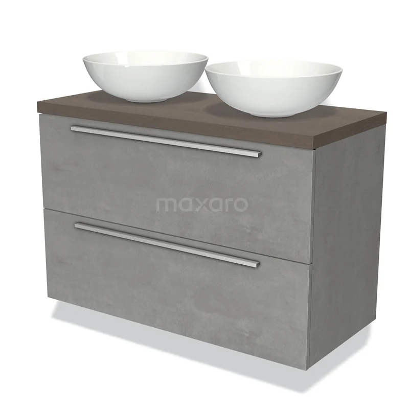 Grijze badkamermeubelset met betonlook, houten blad en twee witte waskommen; modern design met handige opberglades.