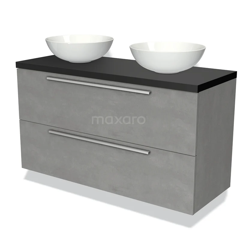 Grijze badkamermeubelset met betonlook, twee keramische waskommen en chromen grepen voor een moderne badkamerstijl.