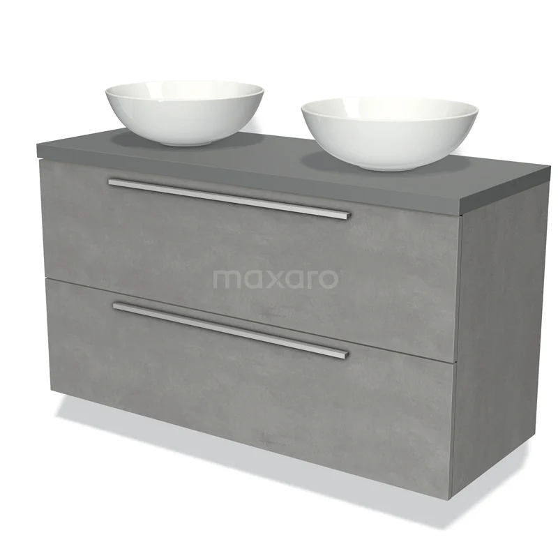 Grijze badkamermeubelset met twee witte keramische waskommen, modern ontwerp en metaalgrepen, ideaal voor stijlvolle badkamers.
