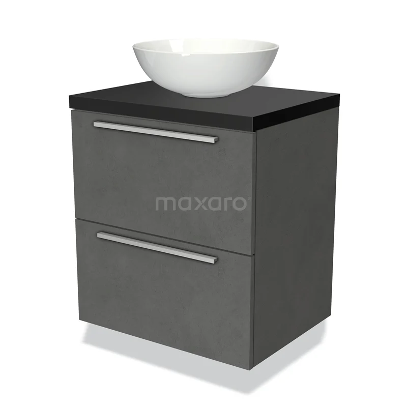 Modulo Plato Vanity units for countertop basin | 60 cm Dark grey concrete Flat front Matte black worktop 2 Stacked drawers BMK17-01753