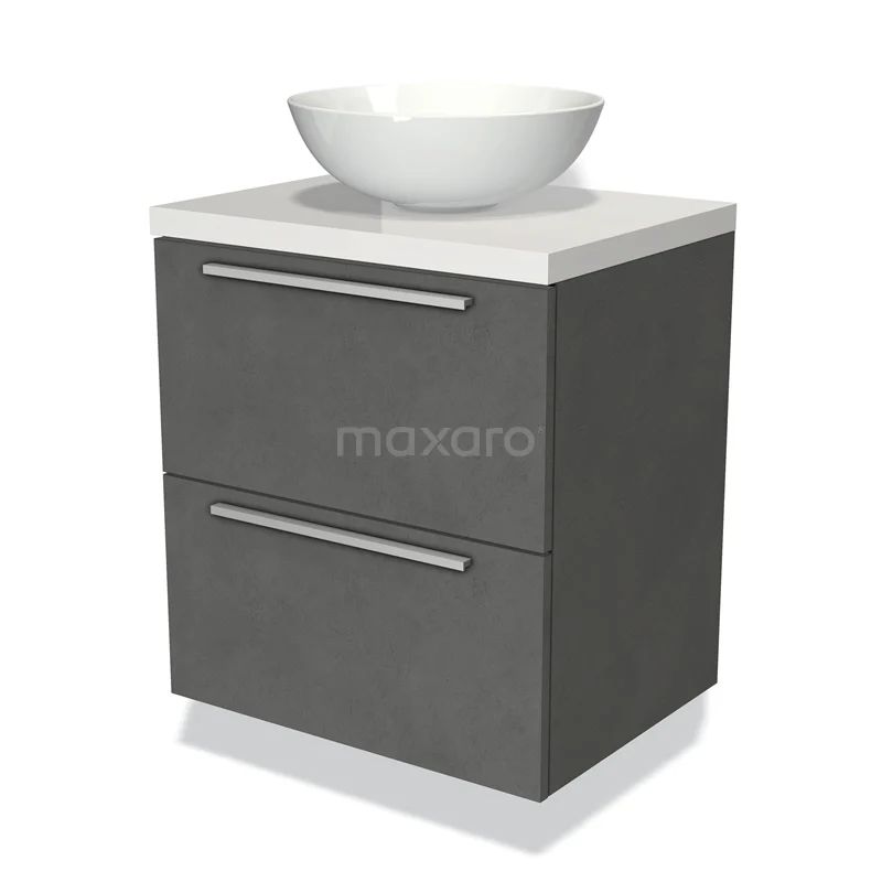 Modulo Plato Vanity units for countertop basin | 60 cm Dark grey concrete Flat front High-gloss white worktop 2 Stacked drawers BMK17-01755