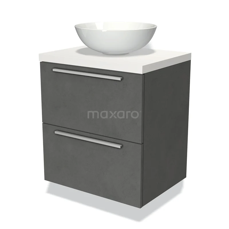 Badmöbel für Waschtischunterschrank mit Konsole 60cm Modulo Plato Dunkelgrau Beton 2 Schubladen Flach Matt Weiß Platte BMK17-01756 Graues Waschtischmöbel mit weißem Aufsatzwaschbecken, zwei Schubladen und klarem Design, perfekt für moderne Bäder.