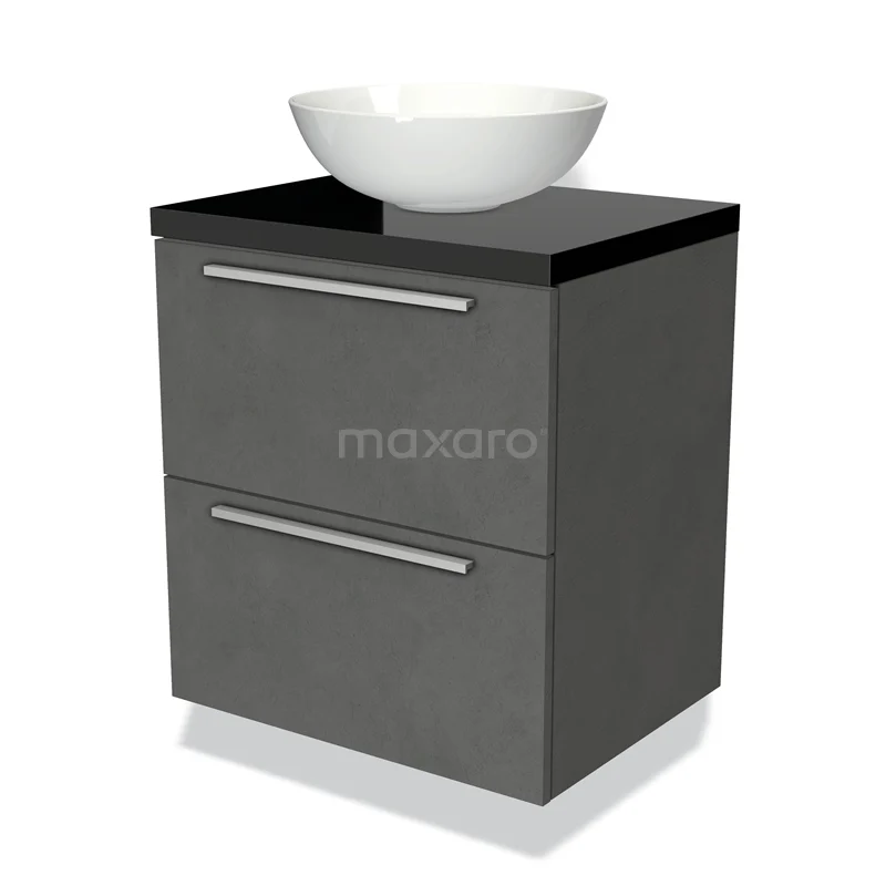 Badmöbel für Waschtischunterschrank mit Konsole 60cm Modulo Plato Dunkelgrau Beton 2 Schubladen Flach Hochglanz Schwarz Platte BMK17-01758 Graue Badmöbel mit zwei Schubladen, schwarzer Platte und weißem keramischen Aufsatzwaschbecken. Modernes Design, ideal für jedes Badezimmer.