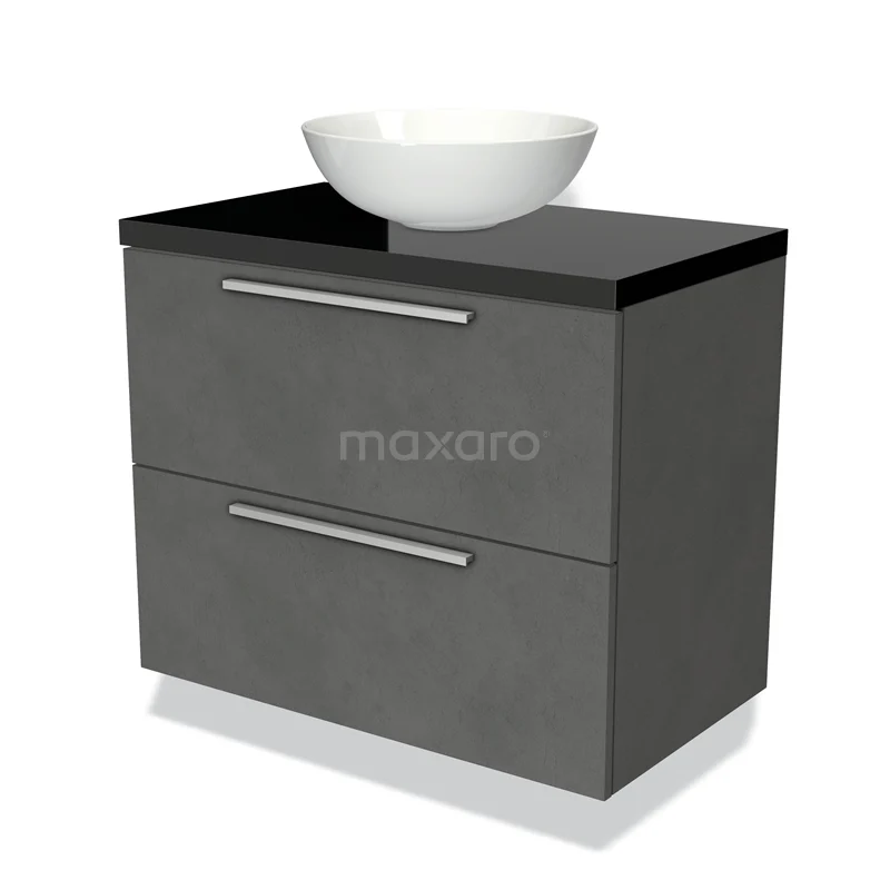 Badmöbel für Waschtischunterschrank mit Konsole 80cm Modulo Plato Dunkelgrau Beton 2 Schubladen Flach Hochglanz Schwarz Platte BMK17-01771 Grau Badmöbel mit schwarzer Platte und weißem runden Aufsatzwaschbecken, zwei Schubladen mit silbernen Haltegriffen, modernes Design.