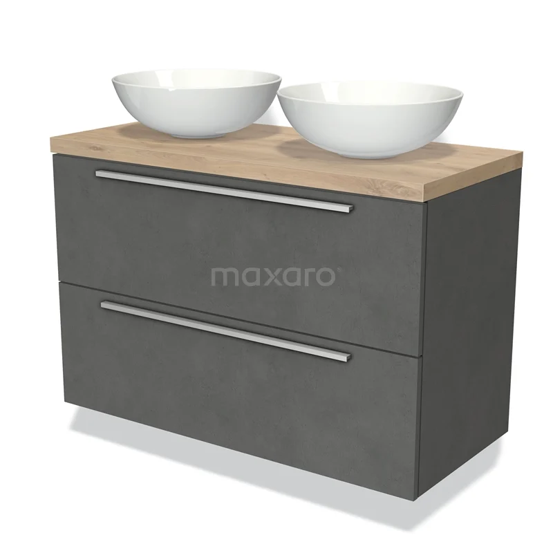 Grijze badkamermeubelset met betonlook, houten blad en twee witte waskommen; ideaal voor moderne badkamers.